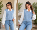 Women's Blue Cable Knit Sweater Vest with White Puff Sleeve Shirt