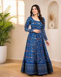 Women's Elegant Blue Printed Anarkali Gown – Premium Ethnic Maxi Dress