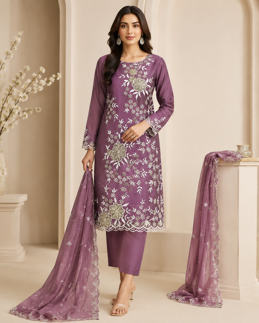 Elegant Mauve Embroidered Kurti Set with Dupatta
