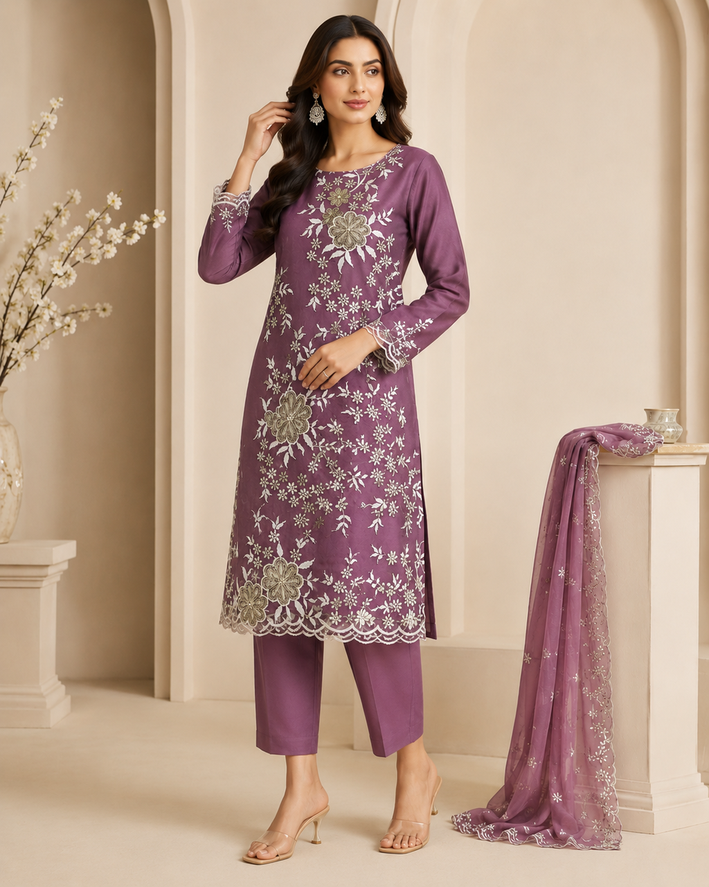Elegant Mauve Embroidered Kurti Set with Dupatta