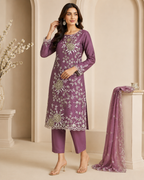 Elegant Mauve Embroidered Kurti Set with Dupatta