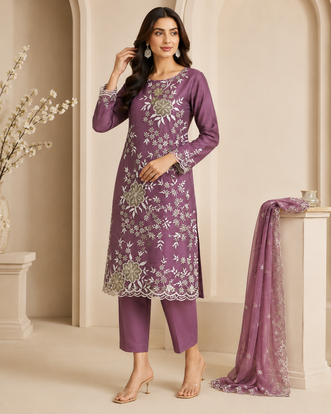 Elegant Mauve Embroidered Kurti Set with Dupatta