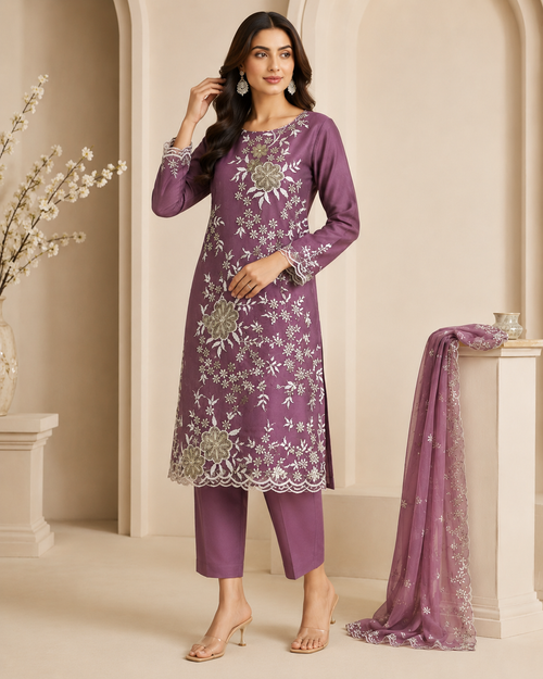 Elegant Mauve Embroidered Kurti Set with Dupatta