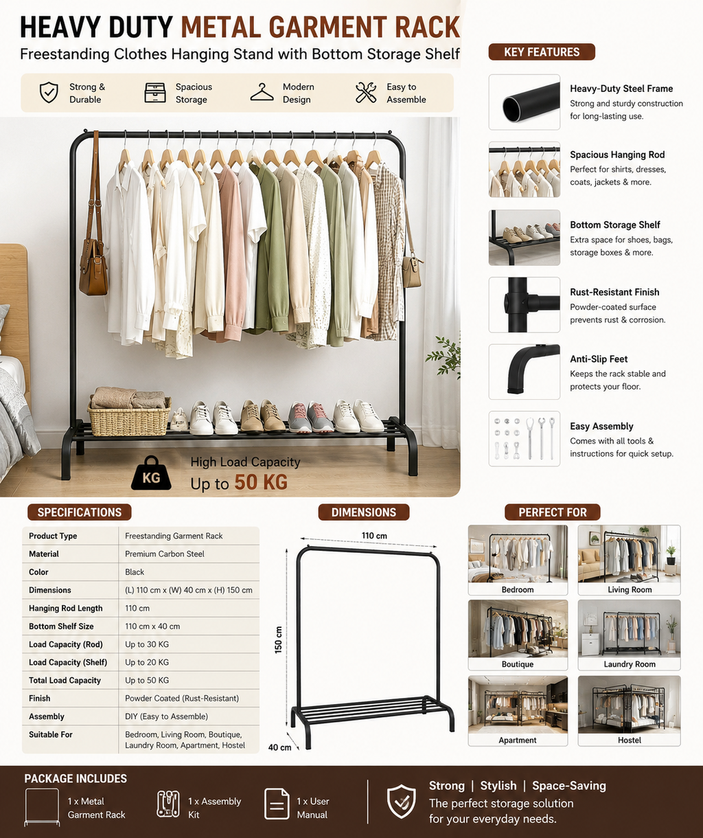 Heavy Duty Metal Garment Rack | Freestanding Clothes Hanging Stand with Bottom Storage Shelf