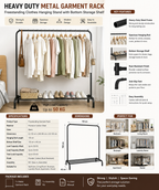 Heavy Duty Metal Garment Rack | Freestanding Clothes Hanging Stand with Bottom Storage Shelf