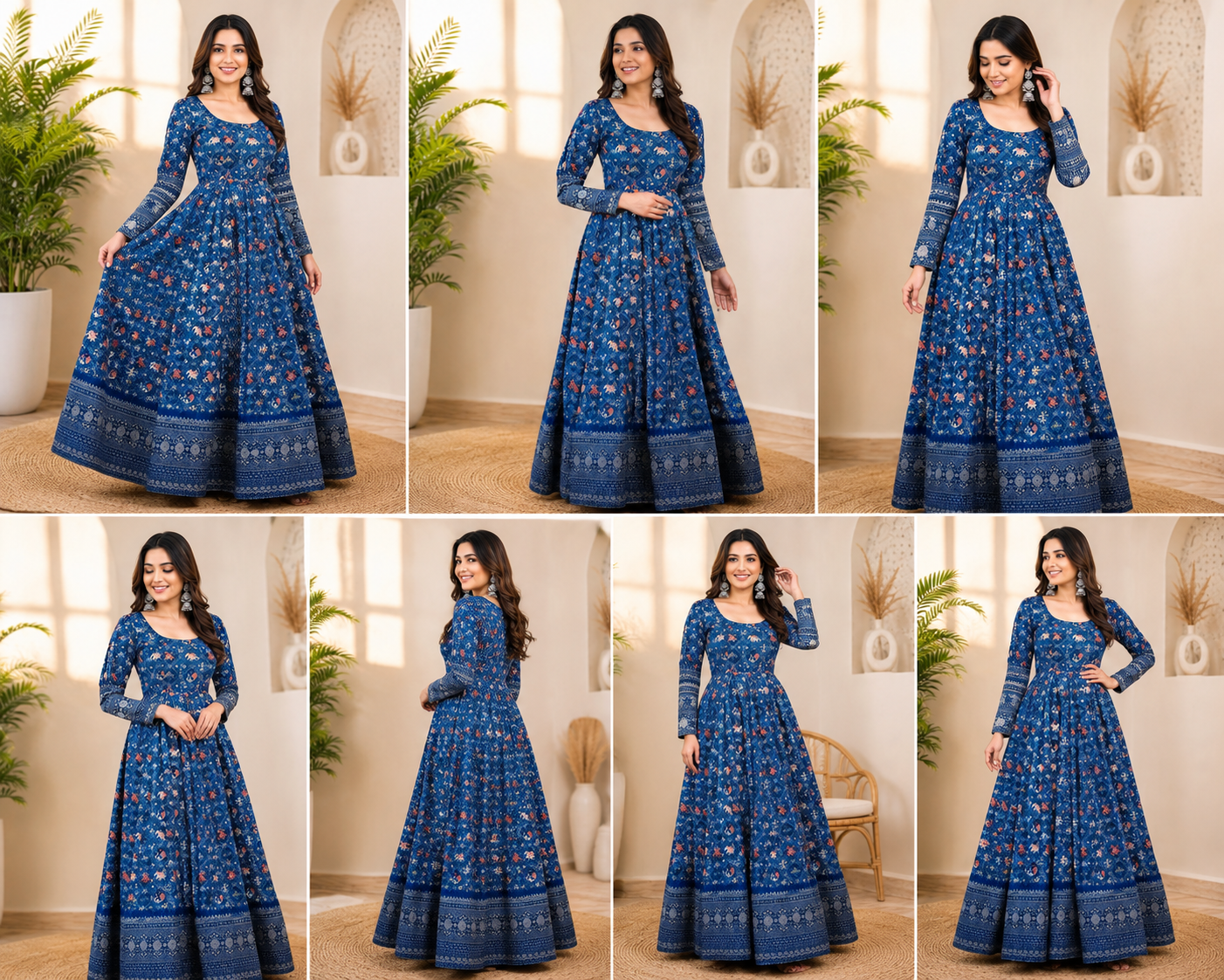 Women's Elegant Blue Printed Anarkali Gown – Premium Ethnic Maxi Dress