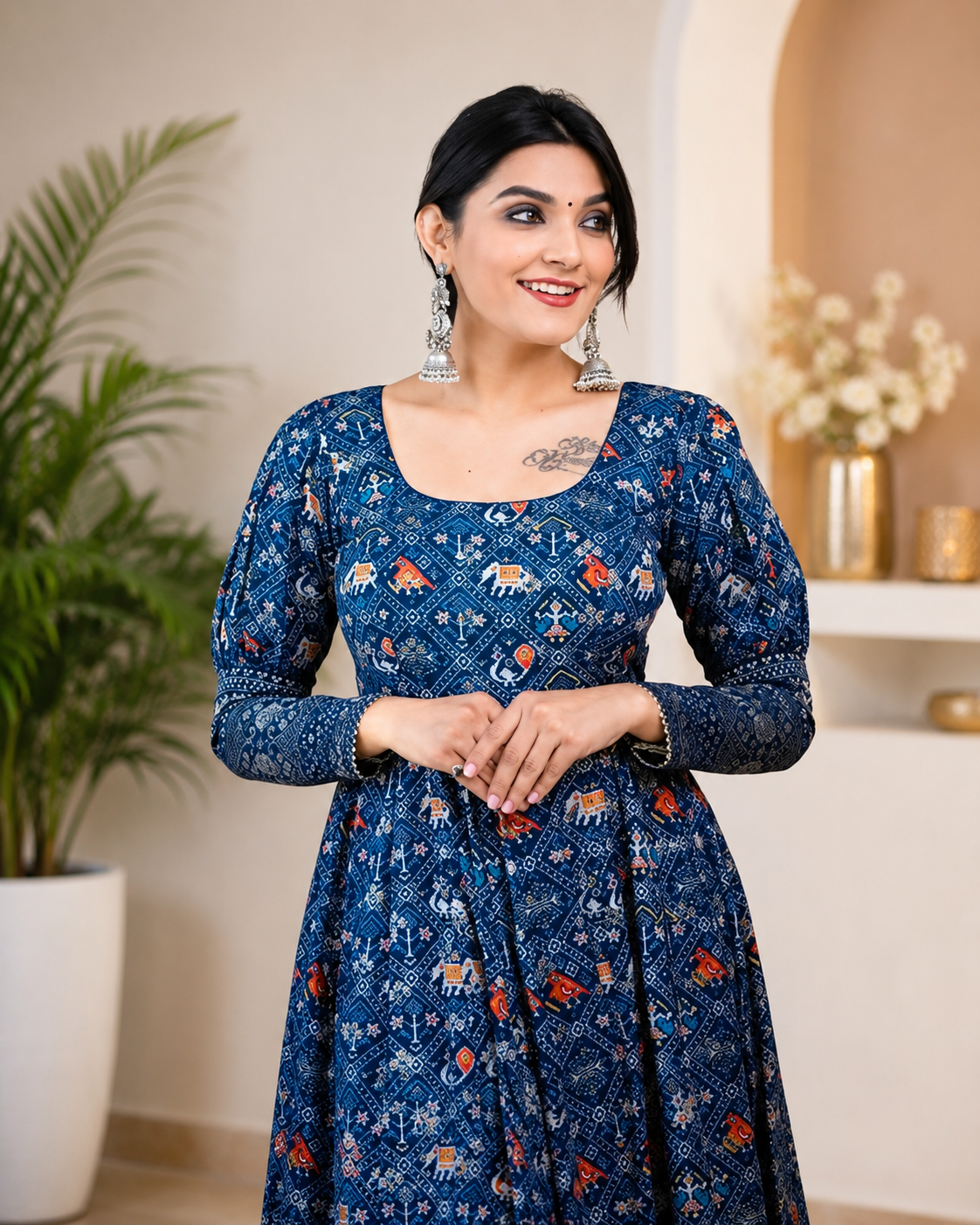 Women's Elegant Blue Printed Anarkali Gown – Premium Ethnic Maxi Dress