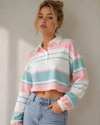 Women's Pastel Striped Polo Collar Crop Sweatshirt– Casual Full Sleeve Korean Style Top