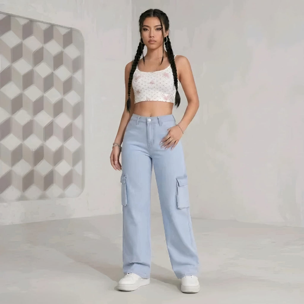 Women's Light Blue High-Waist Cargo Wide Leg Pants
