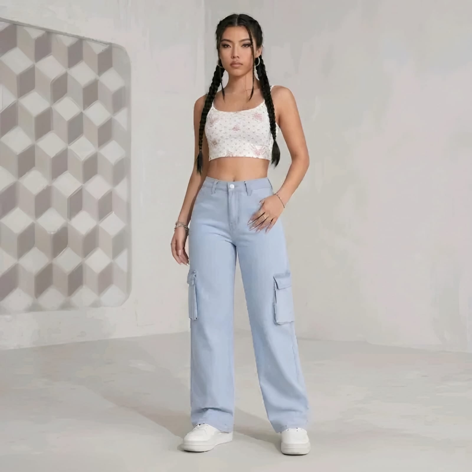 Women's Light Blue High-Waist Cargo Wide Leg Pants