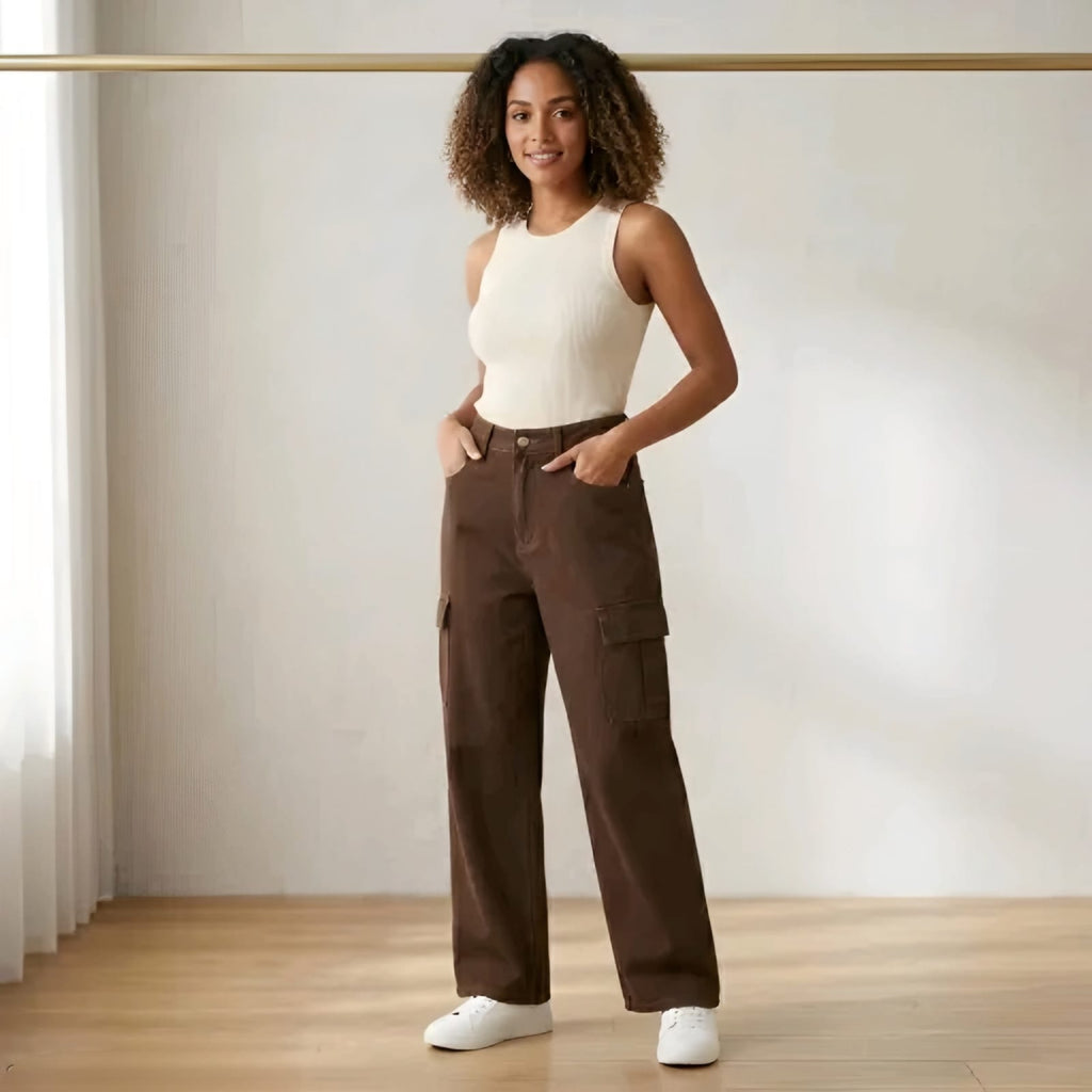Women's Brown Wide Leg Cargo Pants | High Waist Casual Utility Trousers with Side Pockets
