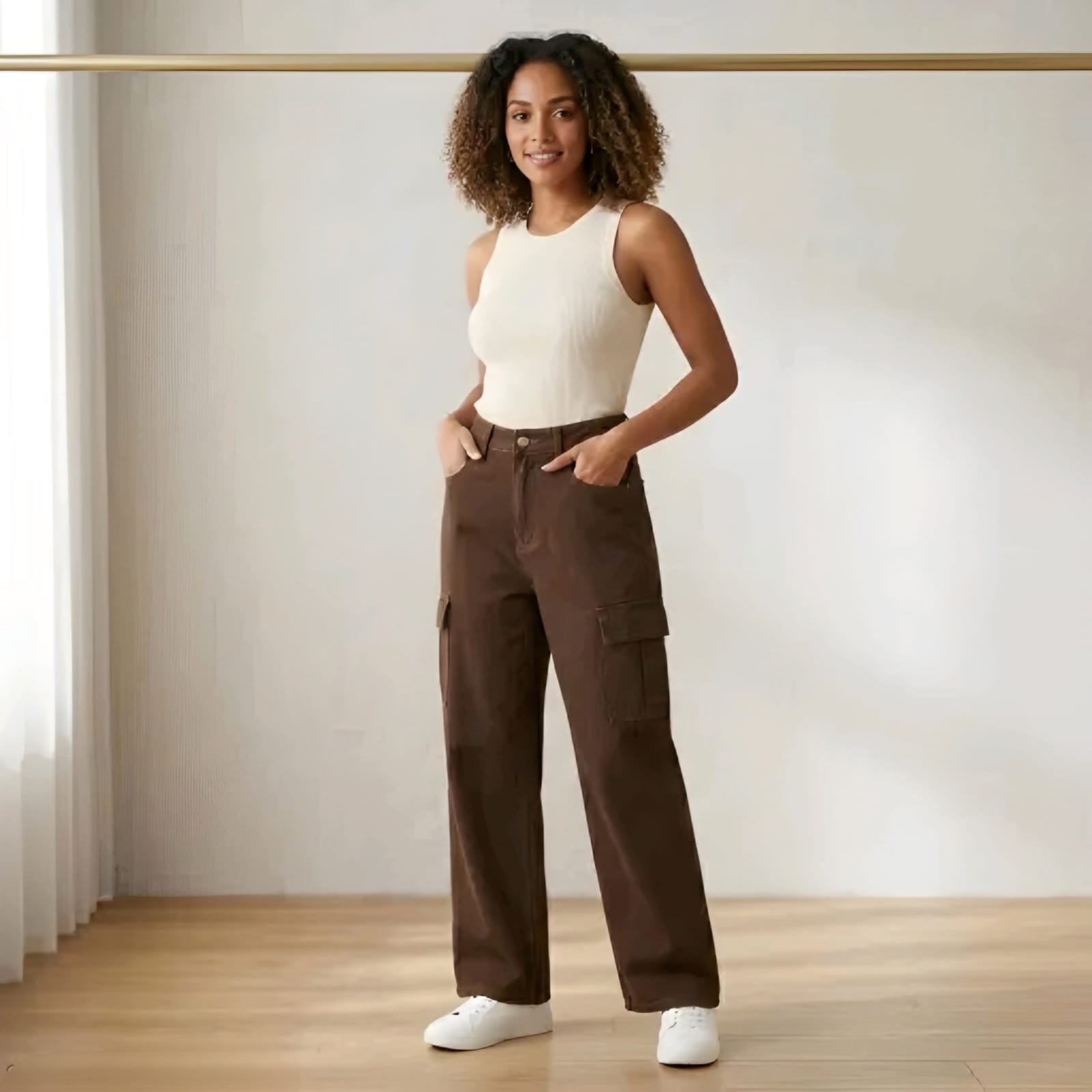 Women's Brown Wide Leg Cargo Pants | High Waist Casual Utility Trousers with Side Pockets