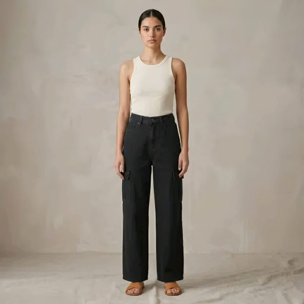 Women's Black Wide Leg Cargo Pants | High Waist Utility Trousers with Multiple Pockets