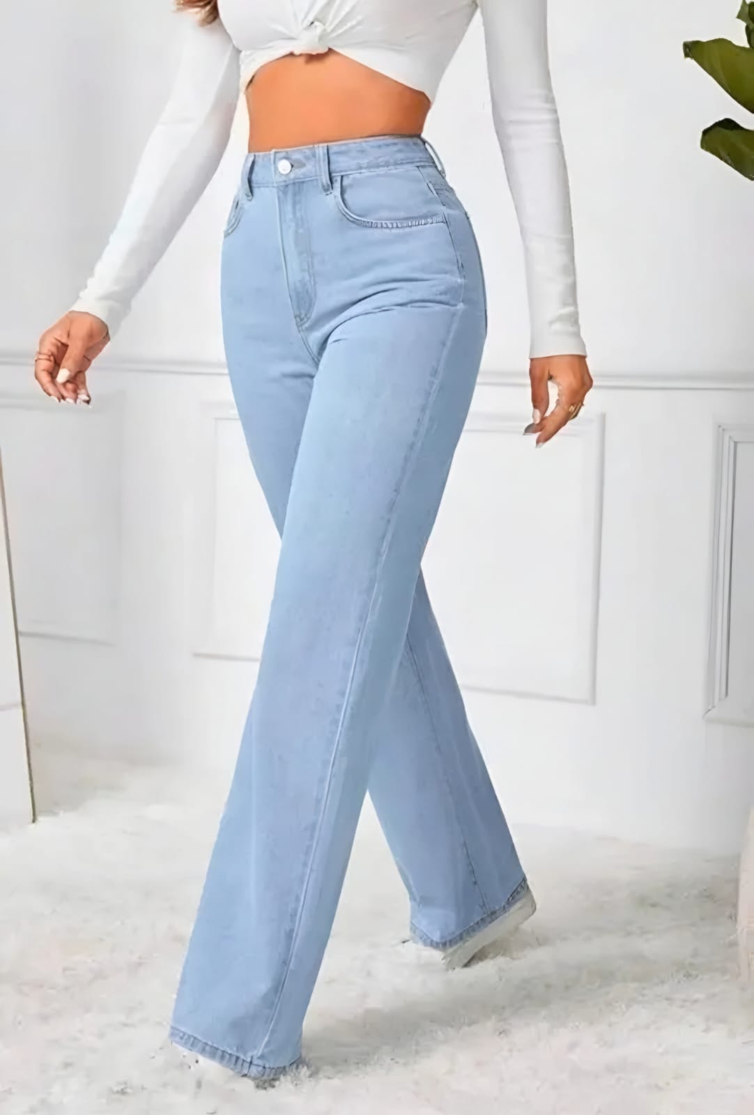 Light Blue High Waist Wide Leg Jeans | Casual Straight Fit Denim Pants