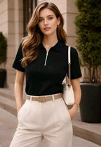Women's Solid Black Half-Zip Polo T-Shirt | Casual Slim Fit Top