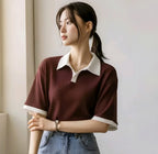 Ribbed Polo T-Shirt with Contrast White Collar | Casual Half Sleeve Top