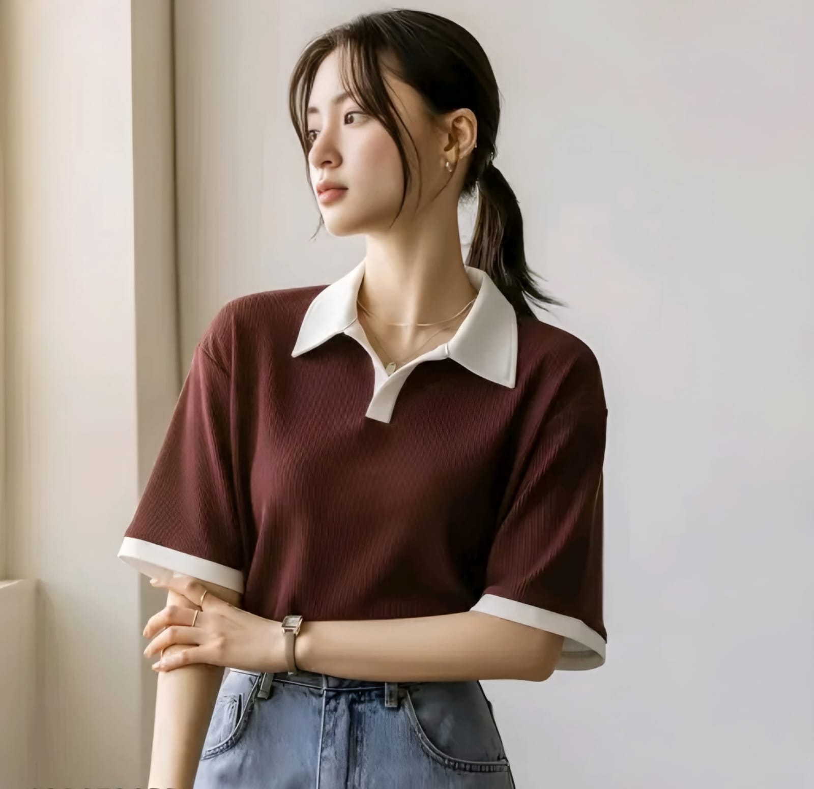 Ribbed Polo T-Shirt with Contrast White Collar | Casual Half Sleeve Top