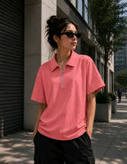 Ribbed Half-Zip Polo T-Shirt | Casual Loose Fit Short Sleeve Top