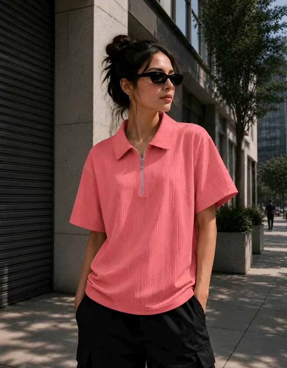 Ribbed Half-Zip Polo T-Shirt | Casual Loose Fit Short Sleeve Top