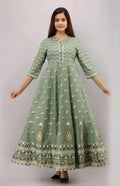 Women's Sage Green Floral Printed Anarkali Kurta | Ethnic Long Gown Dress with 3/4 Sleeves