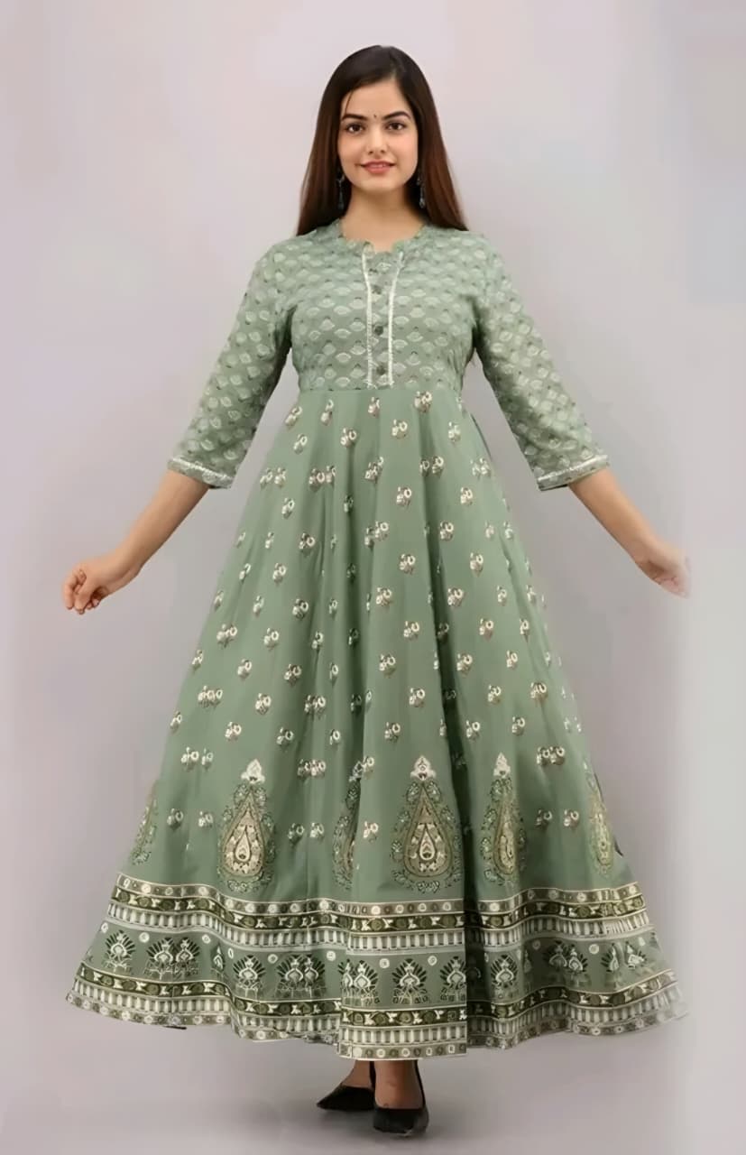 Women's Sage Green Floral Printed Anarkali Kurta | Ethnic Long Gown Dress with 3/4 Sleeves