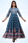 Women's Teal Blue Printed Anarkali Kurta | Ethnic Flared Maxi Dress with 3/4 Sleeves
