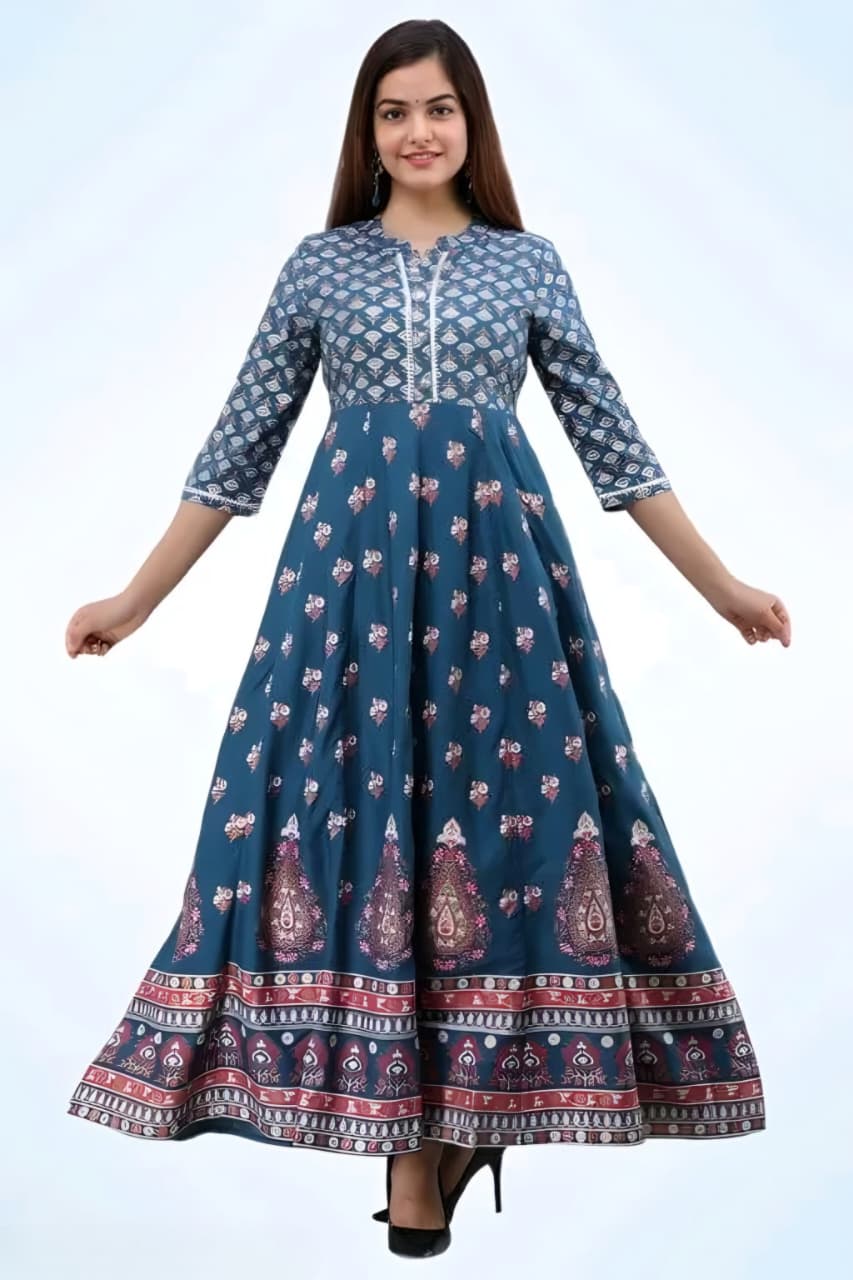 Women's Teal Blue Printed Anarkali Kurta | Ethnic Flared Maxi Dress with 3/4 Sleeves
