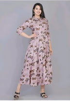 Women's Blush Pink Butterfly Print Anarkali Dress | Elegant Flared Maxi Dress with 3/4 Sleeves