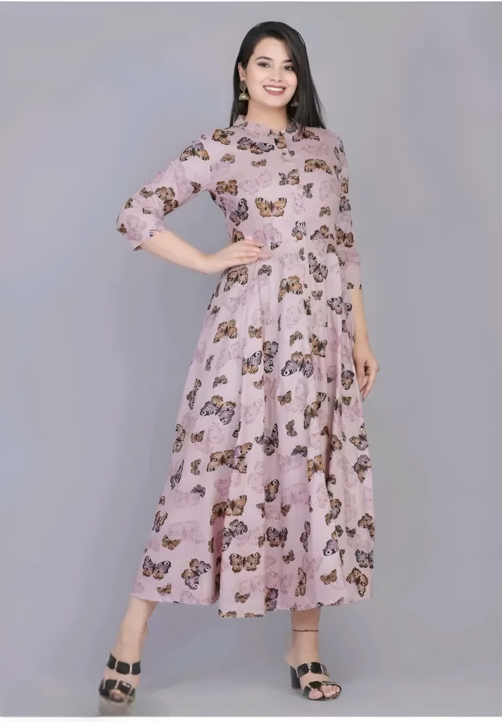 Women's Blush Pink Butterfly Print Anarkali Dress | Elegant Flared Maxi Dress with 3/4 Sleeves