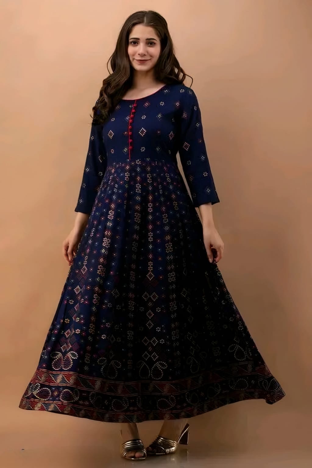 Women's Navy Blue Printed Anarkali Maxi Dress | Ethnic Flared Kurta Gown with 3/4 Sleeves