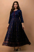 Women's Navy Blue Printed Anarkali Maxi Dress | Ethnic Flared Kurta Gown with 3/4 Sleeves