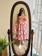 Women's Pink Floral Print Fit & Flare Midi Dress | Elegant Cotton Casual Dress