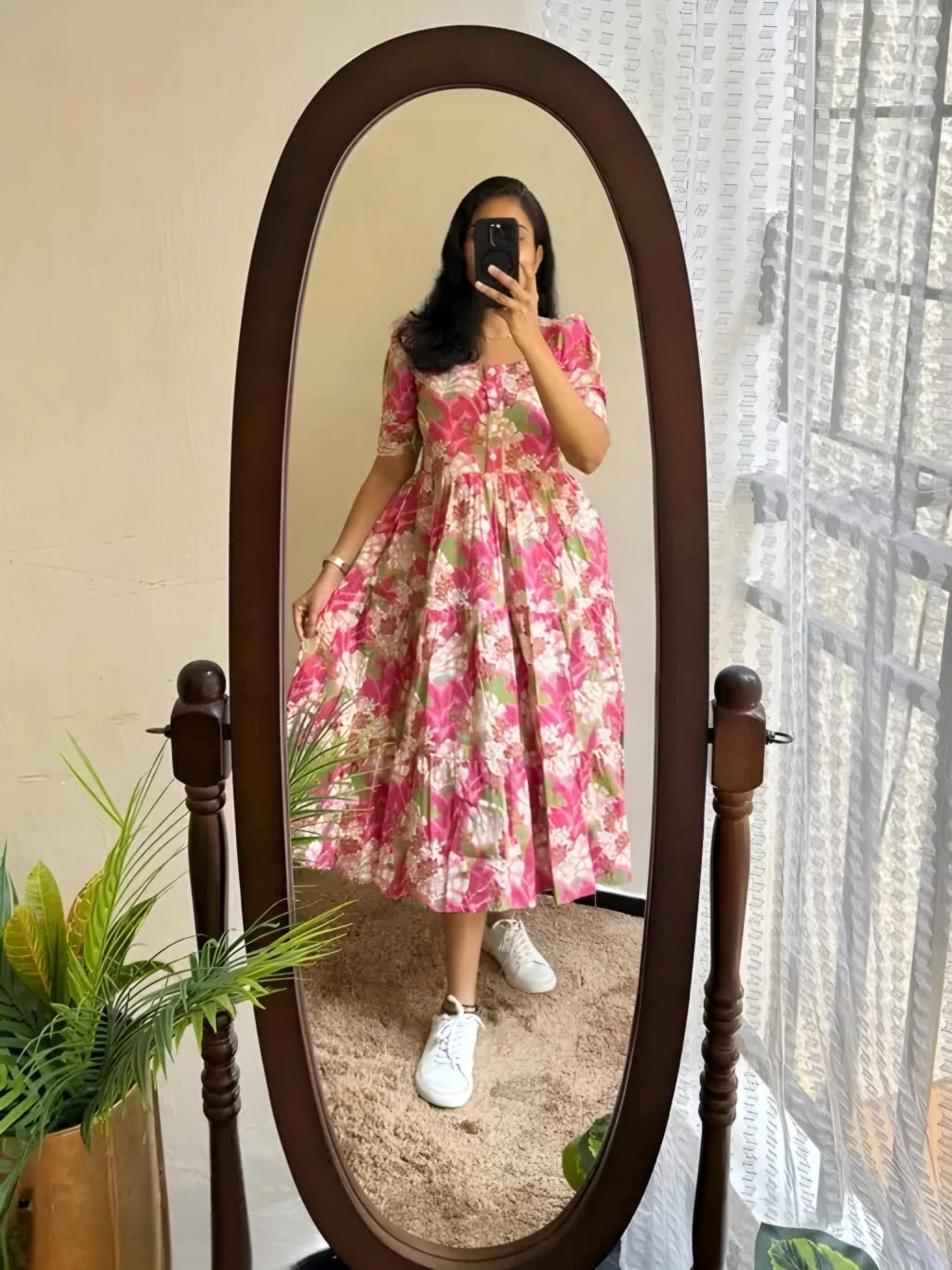 Women's Pink Floral Print Fit & Flare Midi Dress | Elegant Cotton Casual Dress