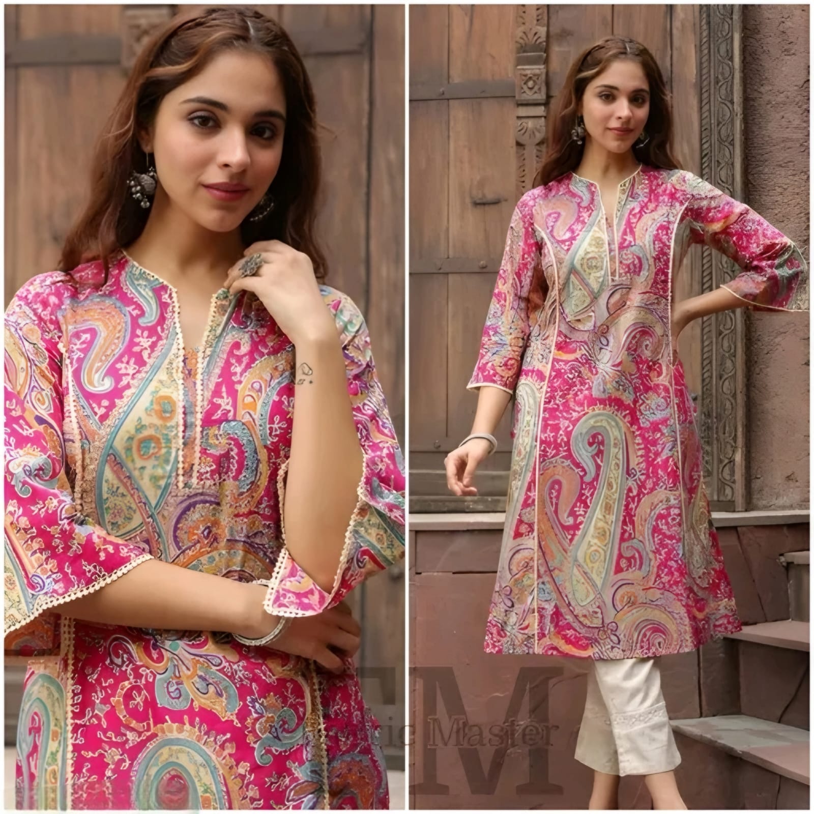 Women's Pink Paisley Printed Straight Kurta | Elegant Ethnic Casual Kurti with 3/4 Sleeves
