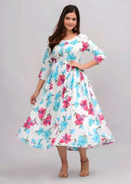 Women's White Floral Print Anarkali Midi Dress | Elegant Fit & Flare Casual Dress with 3/4 Sleeves