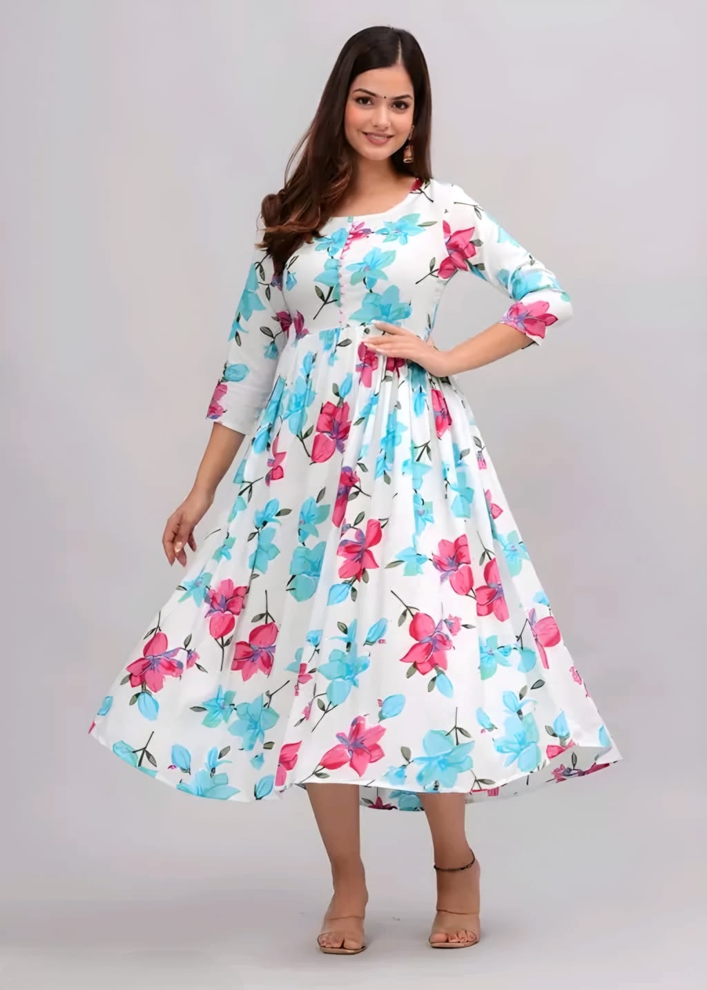 Women's White Floral Print Anarkali Midi Dress | Elegant Fit & Flare Casual Dress with 3/4 Sleeves