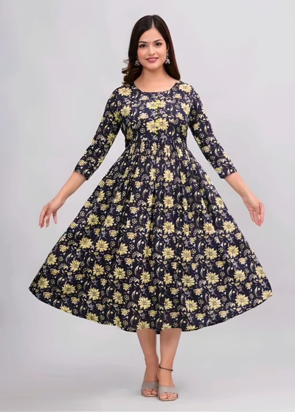 Black Floral Print Fit & Flare Midi Dress | Elegant Casual Anarkali Dress