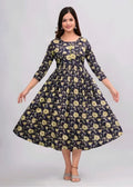 Black Floral Print Fit & Flare Midi Dress | Elegant Casual Anarkali Dress