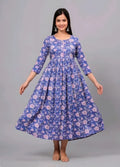 Blue Floral Printed Anarkali Cotton Maxi Dress | Elegant Flared Casual & Festive Wear