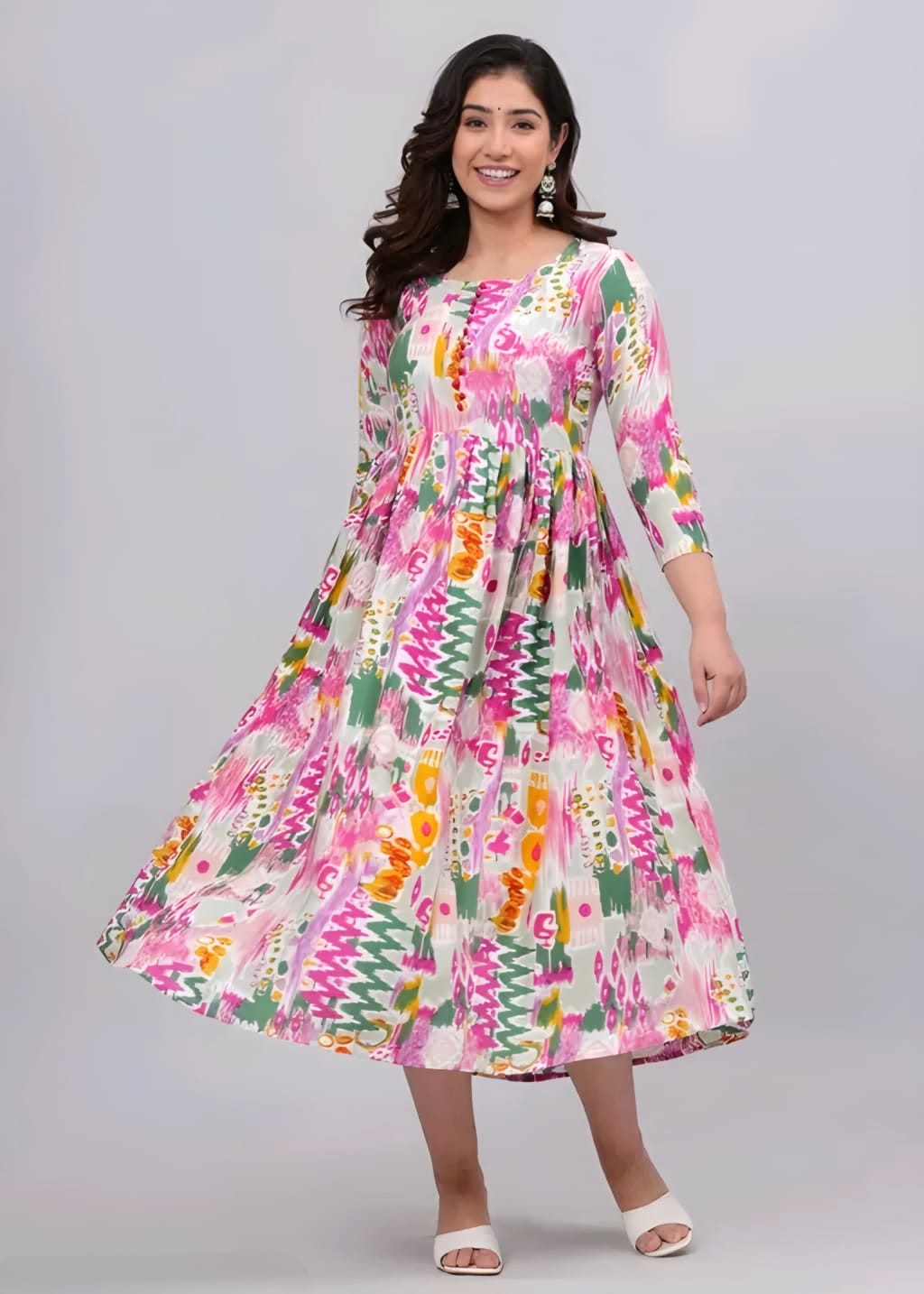 Multicolor Printed Cotton Anarkali Maxi Dress | Elegant Flared Casual & Party Wear Dress
