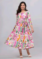 Multicolor Printed Cotton Anarkali Maxi Dress | Elegant Flared Casual & Party Wear Dress