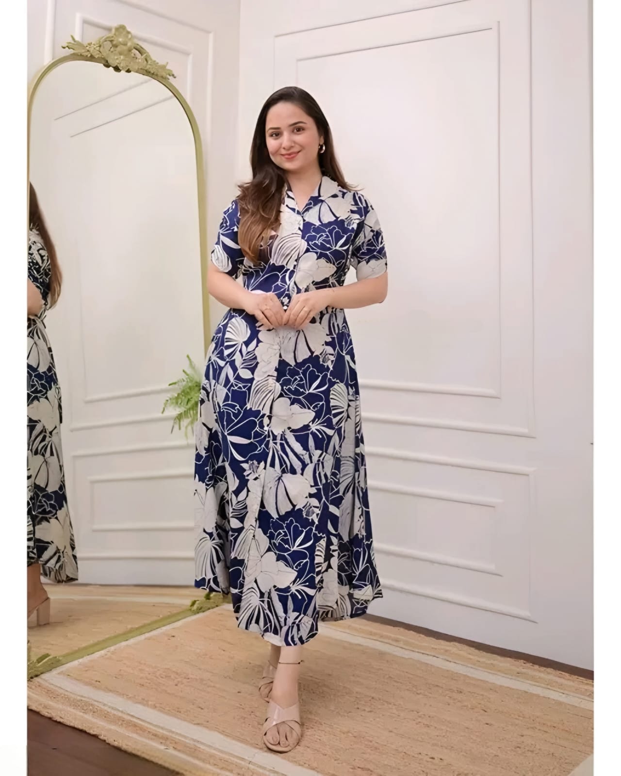 Women's Navy Blue Floral Printed Shirt Dress | Elegant Casual Midi Dress with Collar