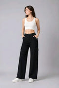 Black High-Waist Wide Leg Cargo Pants | Stylish Casual Loose Fit Trousers with Pockets