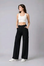 Black High-Waist Wide Leg Cargo Pants | Stylish Casual Loose Fit Trousers with Pockets