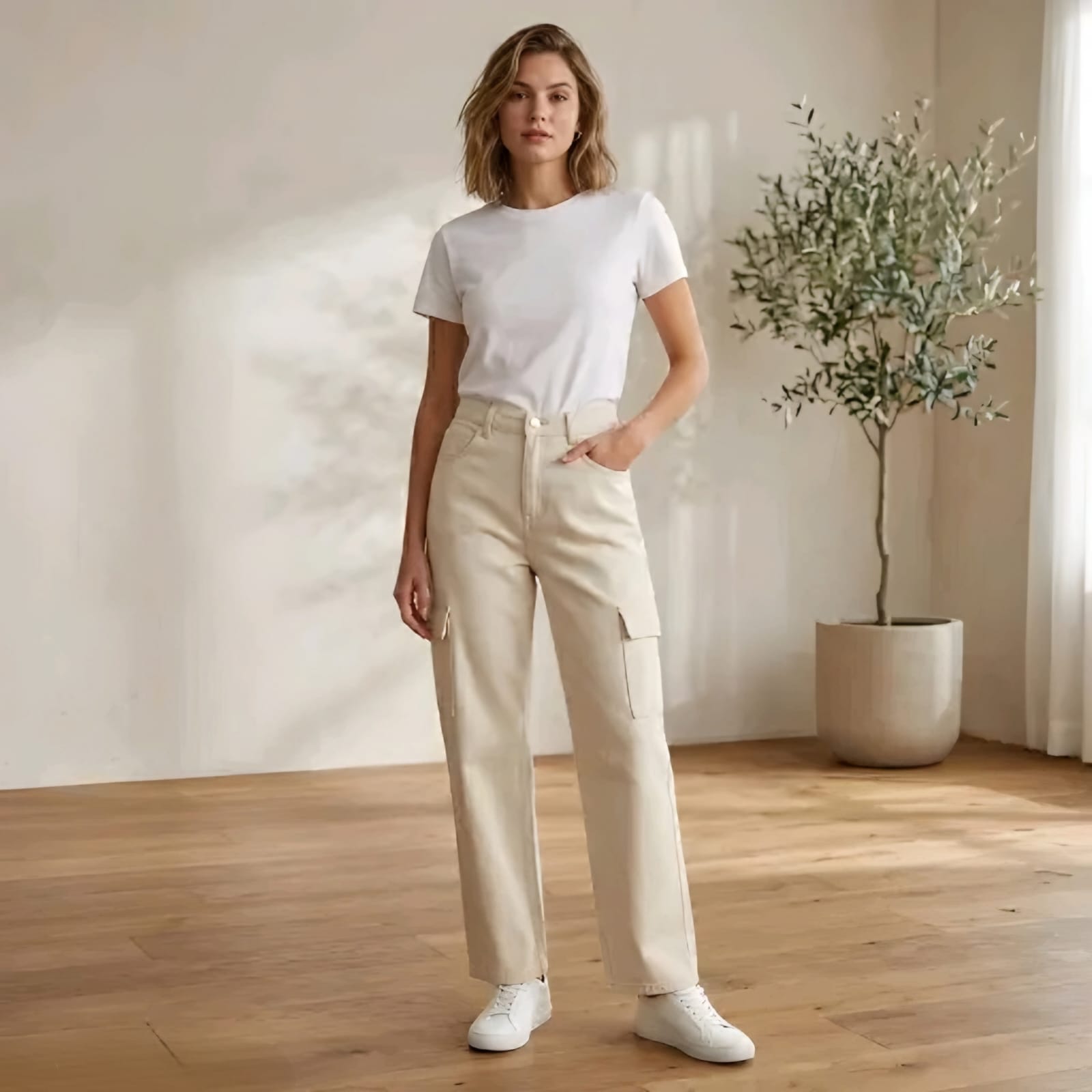 Women's Beige High-Waist Wide Leg Cargo Pants | Casual Straight Fit Trousers with Utility Pockets
