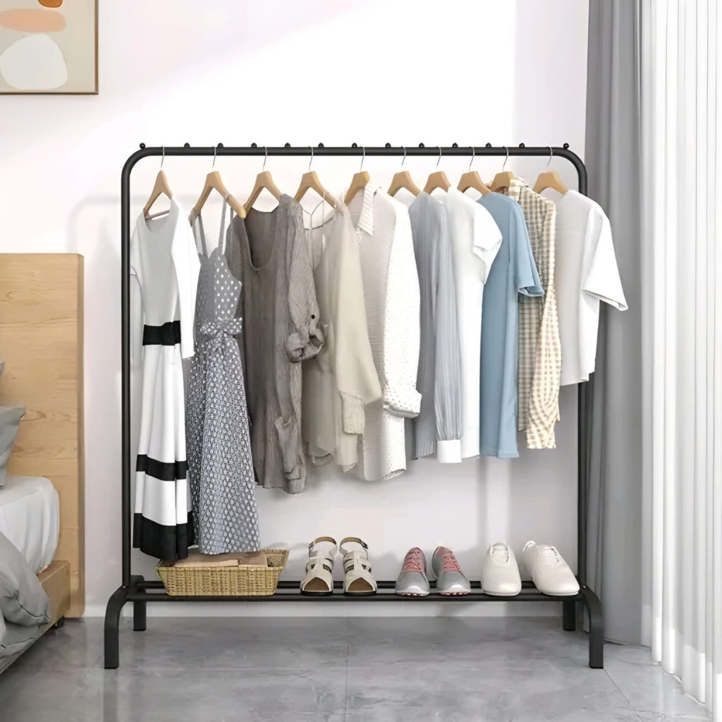 Heavy Duty Metal Garment Rack | Freestanding Clothes Hanging Stand with Bottom Storage Shelf