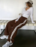 Women's Brown Wide Leg Track Pants | High Waist Casual Stripe Palazzo Trousers