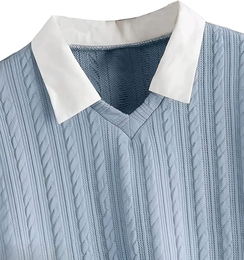 Women's Blue Cable Knit Sweater Vest with White Puff Sleeve Shirt