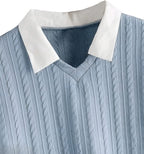Women's Blue Cable Knit Sweater Vest with White Puff Sleeve Shirt