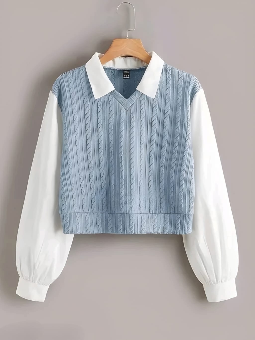 Women's Blue Cable Knit Sweater Vest with White Puff Sleeve Shirt